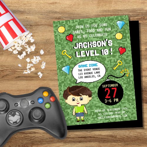 Pixels Arcade Game Level Up Kids Birthday Invitation