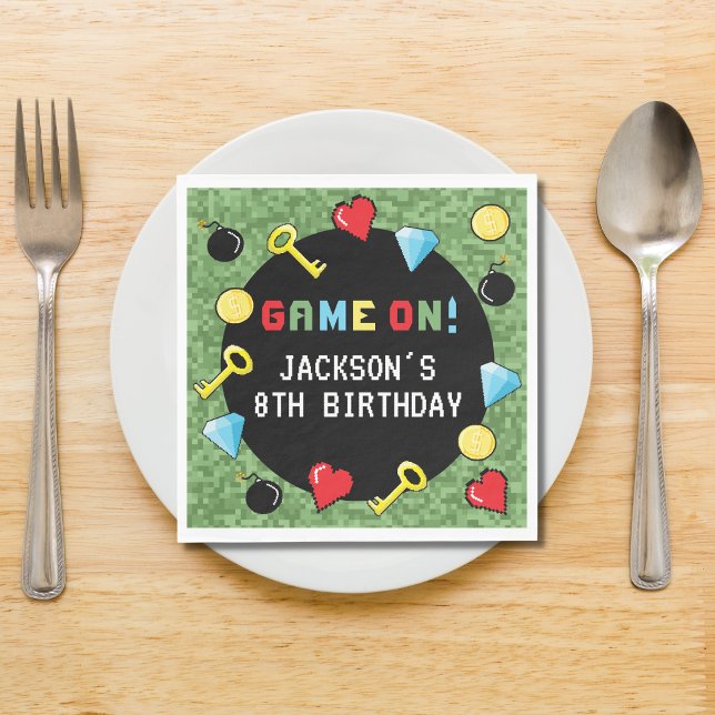 Pixels Arcade Game Level Up Kids Birthday Napkins (Creator Uploaded)