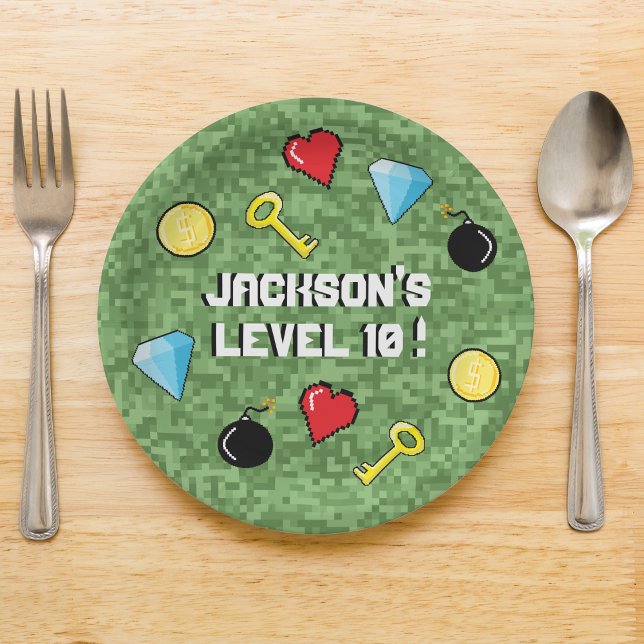 Pixels Arcade Game Level Up Kids Birthday Paper Plates (Creator Uploaded)