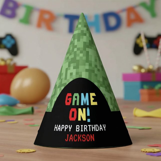 Pixels Arcade Game Level Up Kids Birthday  Party Hat (Creator Uploaded)