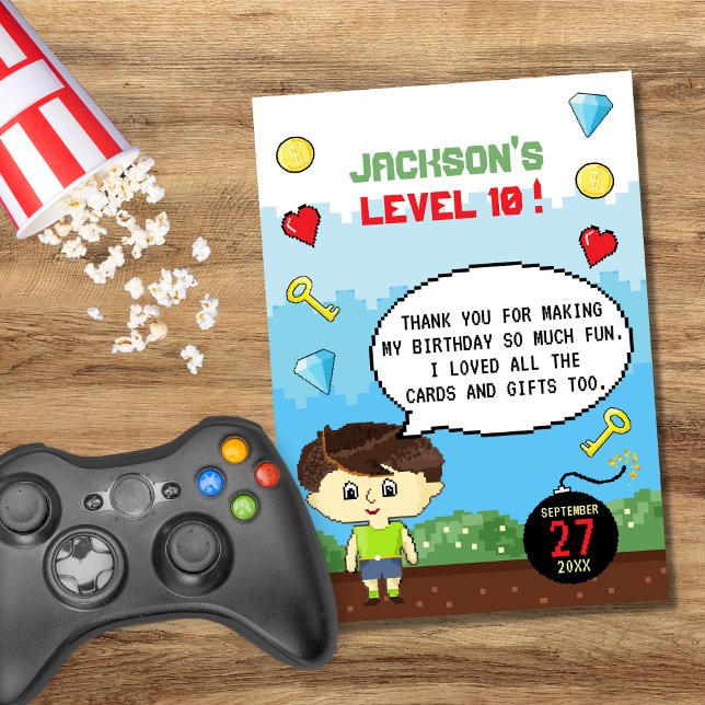 Pixels Arcade Game Level Up Kids Birthday Thank You Card (Creator Uploaded)
