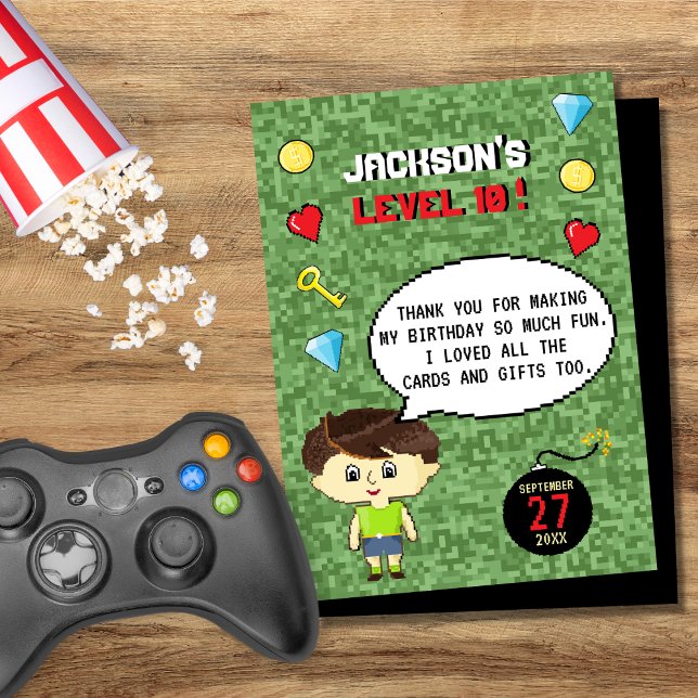 Pixels Arcade Game Level Up Kids Birthday Thank You Card (Creator Uploaded)