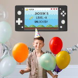 Pixels Arcade Video Game Controller Kids Birthday  Banner<br><div class="desc">A video game theme for a kid's birthday party is a great way to bring their favorite hobby to life. This unique and fun kids birthday design has pixelated graphics and bright, bold colors reminiscent of classic arcade games along with cute pixellated game assets such as heart, coin, diamond, key...</div>