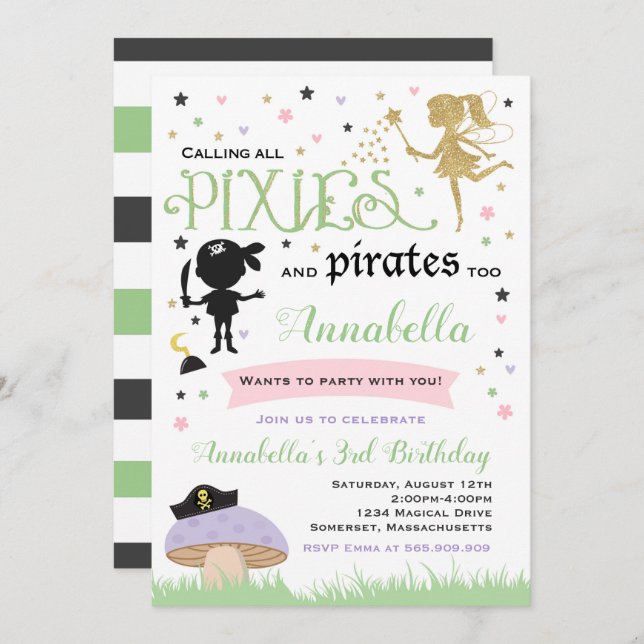 Pixie And Pirate Birthday Invitation Fairy Pirate (Front/Back)