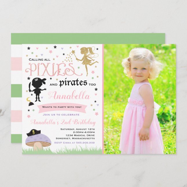 Pixie And Pirate Birthday Invitation Fairy Pirate (Front/Back)