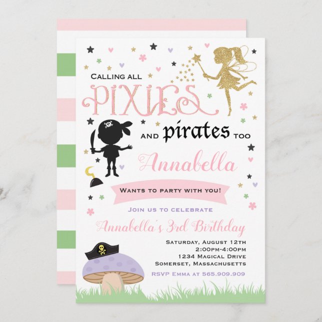 Pixie And Pirate Birthday Invitation Fairy Pirate (Front/Back)