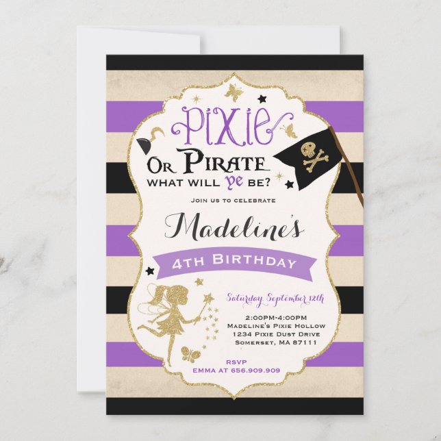 Pixie And Pirate Birthday Invitation Fairy Pirate (Front)