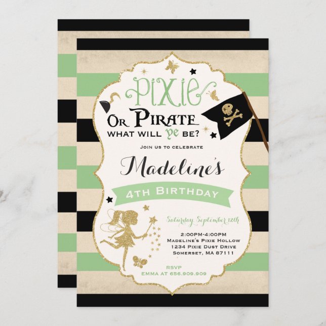Pixie And Pirate Birthday Invitation Fairy Pirate (Front/Back)