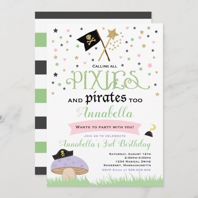 Pixie And Pirate Birthday Invitation Fairy Pirate (Front/Back)