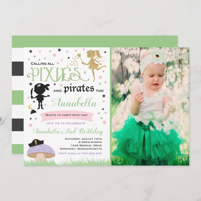 Pixie And Pirate Birthday Invitation Fairy Pirate (Front/Back)