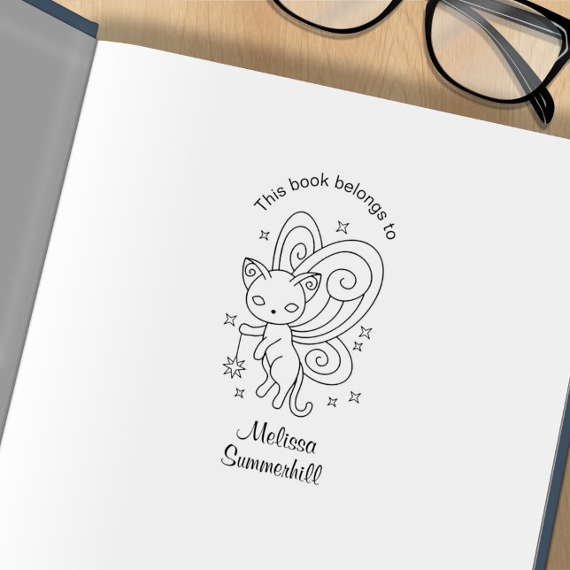 Pixie Cat - Fairy Wings Kitty Bookplate Rubber Stamp (Creator Uploaded)