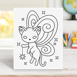 Pixie Cat - Fairy Wings Kitty Coloring Page Rubber Stamp