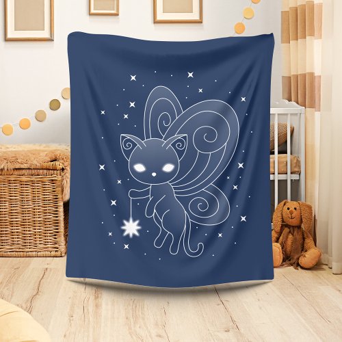 Pixie Cat _ Fairy Wings Kitty on Blue Fleece Blanket