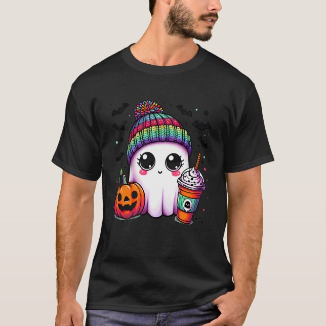 Pixie Cute Ghost Lovers Halloween Ghost Ice Coffee T-Shirt (Front)