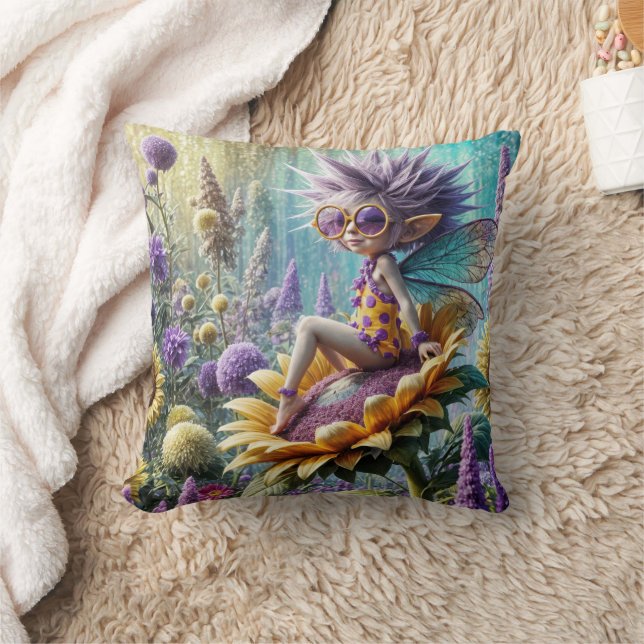 Pixie Fairy On a Sunflower Throw Pillow (Blanket)