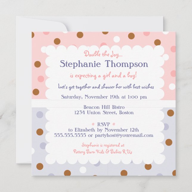 Pixie Polka Dot Twins Baby Shower Invitation (Front)