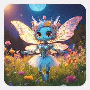 Pixie Robot Ballerina Dancing in the Wildflowers Square Sticker