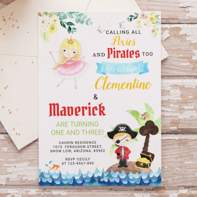 Pixies and Pirates Joint Sibling Birthday Invitation (Creator Uploaded)