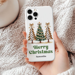 Pixilated leopard print Christmas trees custom iPhone 15 Plus Case