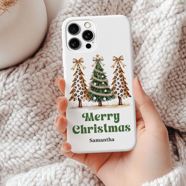 Pixilated leopard print Christmas trees custom Case-Mate iPhone Case (Classic leopard print Christmas trees custom phone case)