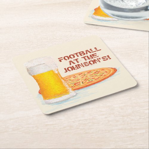 Pizza and Beer Super Fan Football Party Square Paper Coaster