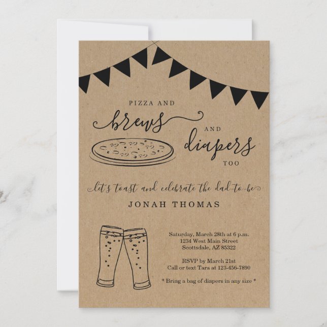 Pizza and Brews and Diapers Too Men's Baby Shower Invitation (Front)