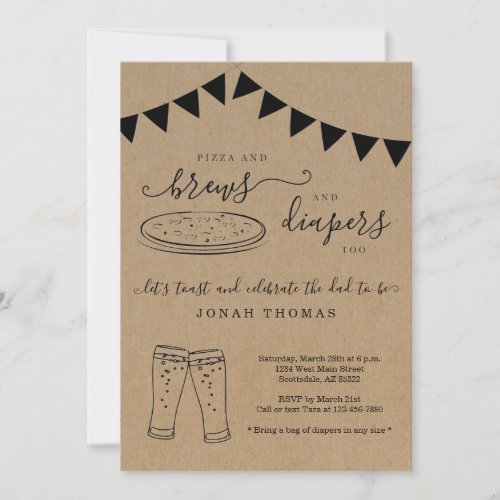 Pizza and Brews and Diapers Too Mens Baby Shower Invitation