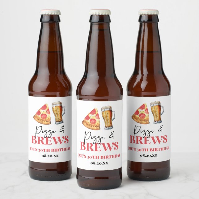 Pizza and Brews Beer Glass Birthday Party Beer Bottle Label (Bottles)