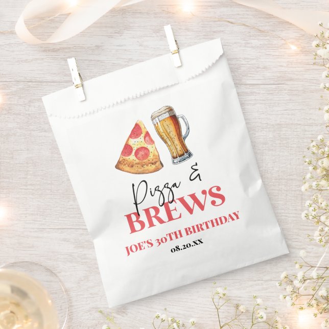 Pizza and Brews Beer Glass Birthday Party Favor Bag (Clipped)