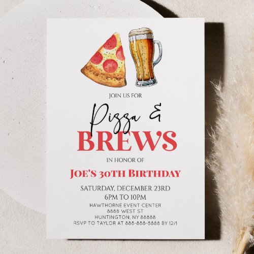 Pizza and Brews Beer Glass Birthday Party Invitation