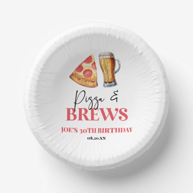 Pizza and Brews Beer Glass Birthday Party Paper Bowls (Front)