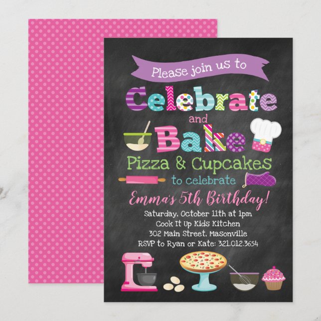 Pizza and Cupcakes Baking Party Invitation (Front/Back)