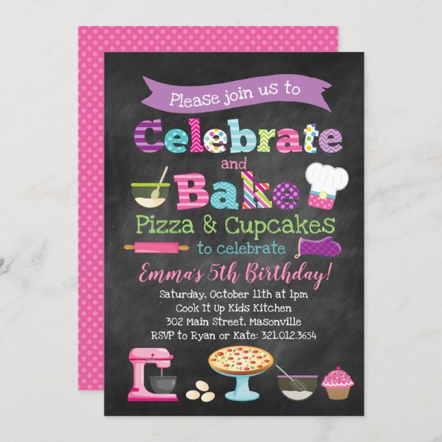 Pizza and Cupcakes Baking Party Invitation (Front/Back)