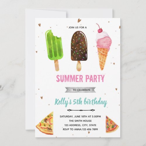 Pizza and ice cream birthday invitation