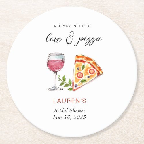 Pizza and love Bridal shower  Round Paper Coaster