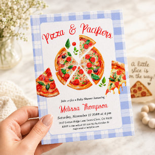Pizza and Pacifiers Boy Blue Gingham Baby Shower Invitation