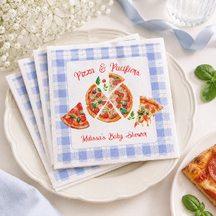 Pizza and Pacifiers Boy Blue Gingham Baby Shower Napkins