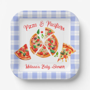 Pizza and Pacifiers Boy Blue Gingham Baby Shower Paper Plates