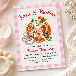 Pizza and Pacifiers Girl Pink Plaid Baby Shower Invitation