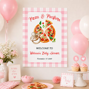 Pizza and Pacifiers Girl Pink Plaid Baby Shower Poster