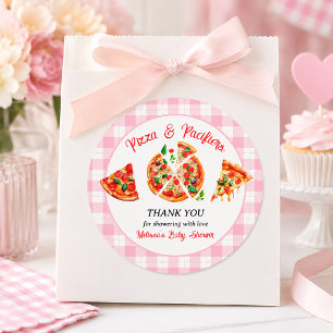 Pizza and Pacifiers Pink Gingham Baby Shower Party Classic Round Sticker