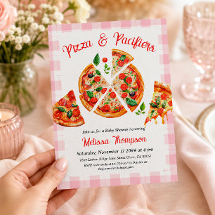 Pizza and Pacifiers Pink Gingham Baby Shower Party Invitation