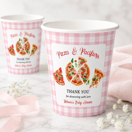 Pizza and Pacifiers Pink Gingham Baby Shower Party Paper Cups