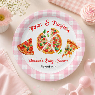 Pizza and Pacifiers Pink Gingham Baby Shower Party Paper Plates