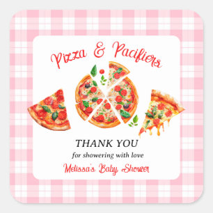 Pizza and Pacifiers Pink Gingham Baby Shower Party Square Sticker