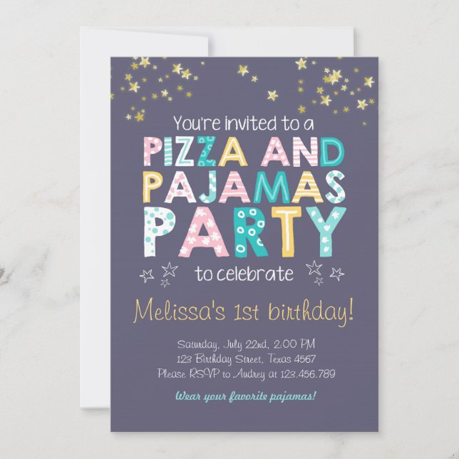 Pizza and Pajamas birthday invitation Sleepover (Front)