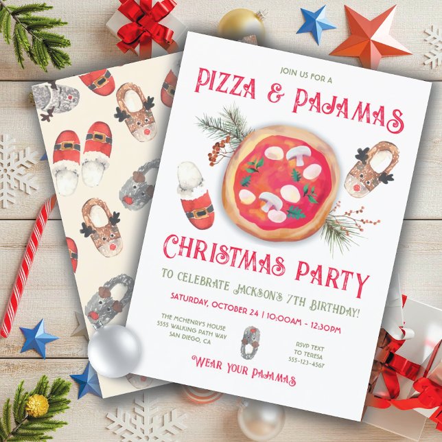 Pizza and Pajamas Christmas Birthday Party Invitat Invitation (Creator Uploaded)
