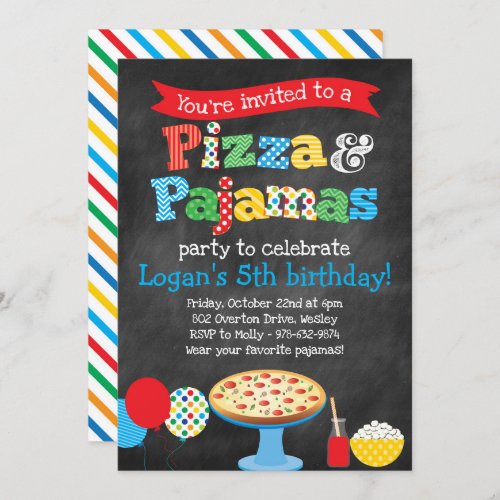 Pizza and Pajamas Party Chalkboard Invitation