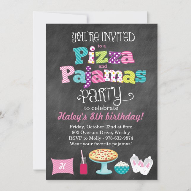 Pizza and Pajamas Party Chalkboard Invitation (Front)