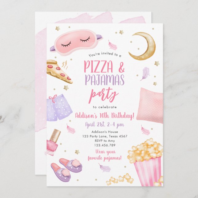Pizza and Pajamas Sleepover Slumber Party Birthday Invitation (Front/Back)